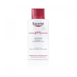 Eucerin pH5 Lotion in weißer Flasche mit rotem Deckel, beruhigt strapazierte Haut.