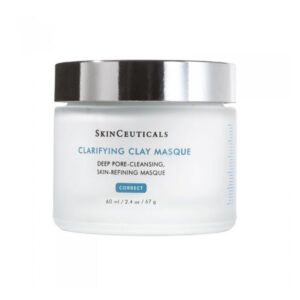 Ein Glasbehälter mit einer klaren, klärenden Tonmaske von SkinCeuticals, mit silbernem Deckel.