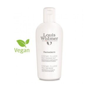 Weißer Pumpspender mit der Aufschrift "Louis Widmer Remederm Crème Fluide", vegan, für sehr trockene Haut.