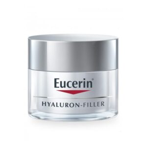 Transparenter Tiegel mit silbernem Deckel, beschriftet mit "Eucerin HYALURON-FILLER".