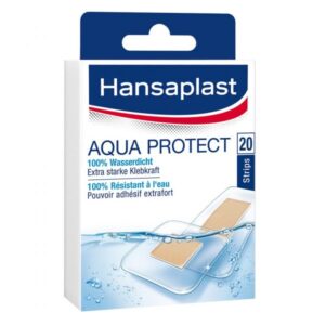Verpackung von Hansaplast Aqua Protect mit Wasserdesign, 100% wasserdicht und extra starker Klebkraft.