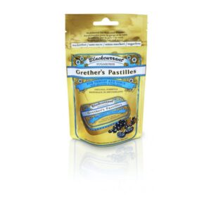 Die Verpackung von Grether's Pastillen mit schwarzer Johannisbeere, handgemacht in der Schweiz, zuckerfrei.