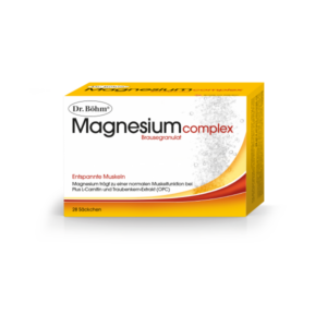 Packung mit Magnesiumkomplex Brausegranulat, enthält 28 Beutel, betont Muskelentspannung und zusätzliche Inhaltsstoffe.
