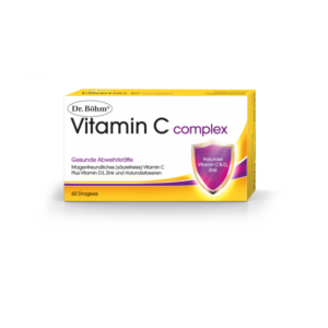 Verpackung von Dr. Böhm Vitamin C complex mit Hinweis auf gesunde Abwehrkräfte und Inhaltsstoffen.