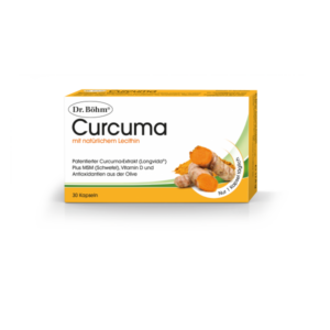 Verpackung von Dr. Böhm Curcuma mit natürlichem Lecithin, Kapseln mit Kurkuma-Extrakt, MSM, Vitamin D und Oliven-Antioxidantien.