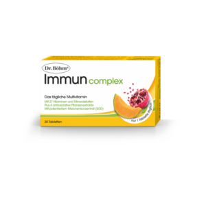 Verpackung des Dr. Böhm Immuncomplex mit 30 Tabletten, enthält 27 Vitamine, Mineralstoffe und Pflanzenextrakte.
