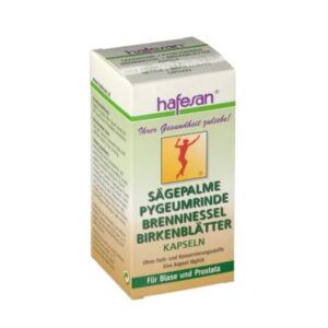 Kapselverpackung mit Sägepalme, Pygeumrinde, Brennnessel und Birkenblätter für Blase und Prostata.