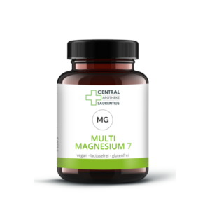 Dunkelbraunes Glasbehälter mit grünem Etikett, beschriftet mit 'Multi Magnesium 7', vegan, laktosefrei, glutenfrei.