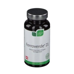 Schwarze Flasche mit silbernem Deckel, bezeichnet als Ferroverde 21, pflanzliches Eisen mit guter Verträglichkeit.