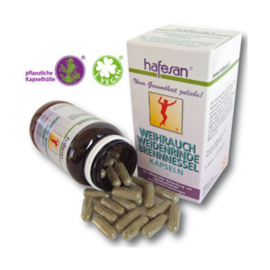 Braune Flasche mit Kapseln, daneben eine Verpackung für Weihrauch, Weidenrinde und Brennnessel, vegan.