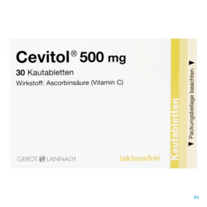 Verpackung von Cevitol 500 mg Kautabletten mit Ascorbinsäure (Vitamin C), laktosefrei.