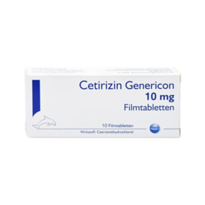 Verpackung von Cetirizin Genericon, 10 mg Filmtabletten, mit blauer Schrift und Delfinlogo.