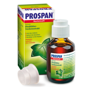 Flasche Prospan Hustensaft mit einem weißen Deckel, umgeben von einer Verpackung mit grünen und gelben Akzenten.