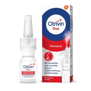 Weißer Nasenspray mit transparentem Sprühkopf, verpackt in einer roten und blauen Box mit Produktinformationen.