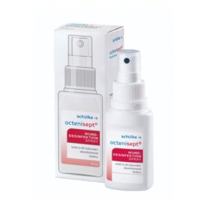 Wunddesinfektionsspray in einer weißen Flasche mit Sprühkopf, verpackt in einer farbigen Kartonbox.