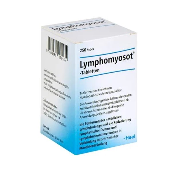Verpackung von Lymphomyosot-Tabletten in einer hellblauen Box mit Beschreibung und Anwendungsgebieten.