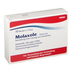 Verpackung von Molaxole, Pulver zur Herstellung einer Lösung gegen Verstopfung, 10 Beutel à 13,8 g.