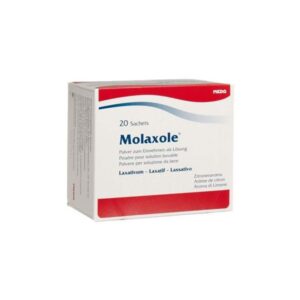 Verpackung von Molaxole, einem Laxativum in Pulverform mit Zitronenaroma, in einer Box mit 20 Portionssäckchen.