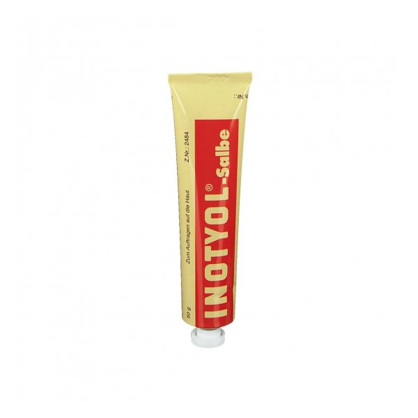 Tube mit INOTYOL-Salbe, gelbe Verpackung mit roter Schrift, zum Auftragen auf die Haut.