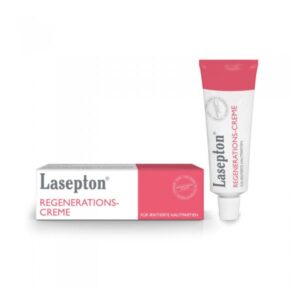 Tube und Verpackung der Lasepton Regenerations-Creme, für irritierte Hautpartien, in klaren Farben gestaltet.