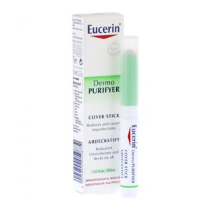 Dermo Purifier Cover Stick von Eucerin in einer weißen Verpackung mit grünem Akzent, für die Behandlung von Hautunreinheiten.