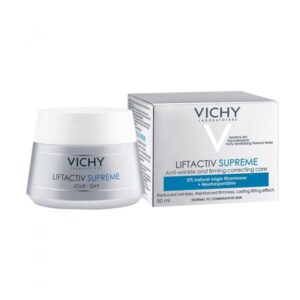 Vichy Liftactiv Supreme Tagescreme in einem runden Behälter mit silbernem Deckel und einer blauen Verpackung.