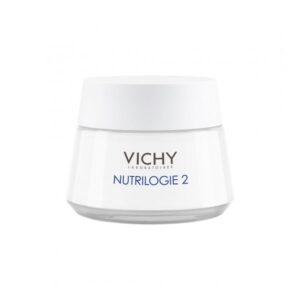 Eine weiße Cremedose mit einem klaren Deckel, beschriftet mit "VICHY NUTRILOGIE 2".