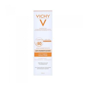 Verpackung von Vichy Sonnenpflege mit LSF 50, gerichtet auf Anti-Pigmentflecken, in einem 50 ml Flakon.