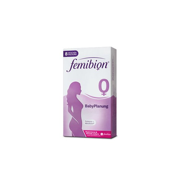 Verpackung von femibion BabyPlanung, eine Nahrungsergänzung für die Schwangerschaftsplanung, in einer lila Box.