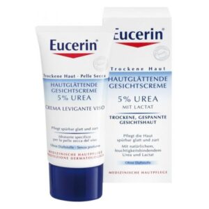 Eucerin Gesichtscreme mit 5% Urea in Tube, zur Pflege trockener Haut, ohne Duftstoffe, mit Informationen auf Verpackung.