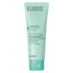 Creme-Tube für empfindliche Haut von EUBOS, mit dem Inhalt "Sensitive Pflege" und Anwendungsbeschreibung.