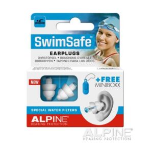 Verpackung mit Ohrstöpseln für Schwimmer, inklusive spezieller Wasserfilter und dekorativem Bild einer schwimmenden Person.