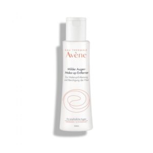 Eine durchsichtige Flasche mit milder Augen-Make-up-Entfernerlotion von Avène, beschriftet zur beruhigenden Hautpflege.
