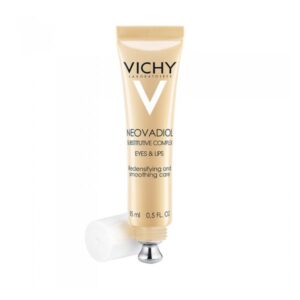 Tube mit 15 ml Vichy Neovadiol Pflege für Augen und Lippen, beige Verpackung, glättende und festigende Wirkung.