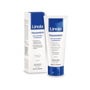 Linola Hautmilch in einer Tube und der Verpackung, für trockene Haut mit Linolsäuren, medizinische Pflege, 200 ml.