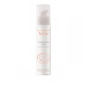 Flasche mit matteierendem Fluid von Avène, weiß mit orangefarbenem Schriftzug, spende Feuchtigkeit und ist für normale bis Mischhaut geeignet.