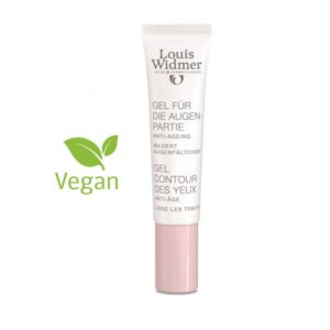 Augengel für die Augenpartie in einer weißen Tube mit rosa Verschluss, vegan, betont Anti-Aging-Eigenschaften.