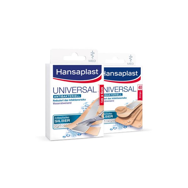 Verpackung mit selbstklebenden, wasserabweisenden Pflastern von Hansaplast, die antibakteriell wirken und das Infektionsrisiko reduzieren.