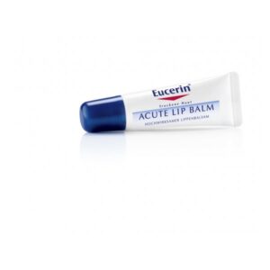 Eucerin Acute Lip Balm in einer weißen Tube mit blauen Akzenten, optimal für trockene Lippen.