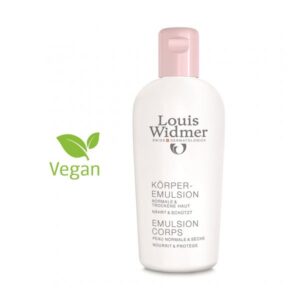Flasche mit Louis Widmer Körperemulsion, rosa Deckel, für normale und trockene Haut, vegan, schützt und nährt.