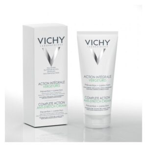 Vichy Anti-Stretch Cream in einer weißen Verpackung mit grünem Text, die vor und nach der Anwendung zeigt.