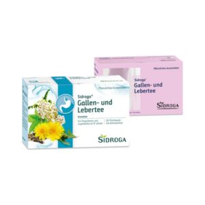 Verpackungen von Sidroga Gallen- und Lebertee, eine Kräutermischung in zwei unterschiedlichen Kartons.