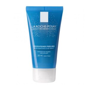 Eine blaue Tube mit mikroschichtigem Peeling für empfindliche Haut, mit einem weißen Deckel und dermatologischen Hinweisen.