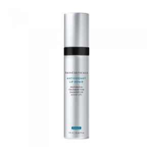 Flasche mit Lippenpflege von SkinCeuticals, silberne Verpackung mit schwarzem Deckel, zur Reparatur beschädigter Lippen.