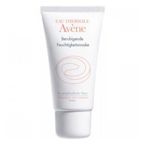 Weiße Tube mit beruhigender Feuchtigkeitsmaske von Avène, geeignet für empfindliche Haut, mit klarer Beschreibung auf der Verpackung.