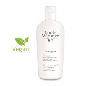 Weiße Flasche mit Pflegeöl für sehr trockene Haut, gekennzeichnet als vegan und für Erwachsene sowie Kinder geeignet.