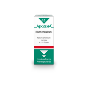 Verpackung von ApozemA Blutniederdruck mit Hinweis auf Kalium carbonicum und homöopathische Spezialität.