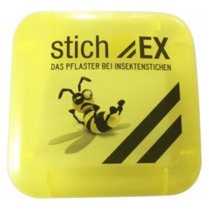 Gelbe Verpackung mit einem cartoonhaften Insekt, das auf dem Rücken liegt, und dem Schriftzug "Stich-EX: Das Pflaster bei Insektenstichen".