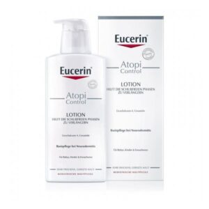 Eucerin Atopi Control Lotion in einer durchsichtigen Flasche mit Pumpe, umgeben von einer weißen Verpackung.