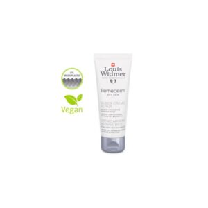 Tube mit Silbercreme für trockene Haut von Louis Widmer, vegan, mit Symbolen für Mikroplastikfreiheit und veganen Inhaltsstoffen.